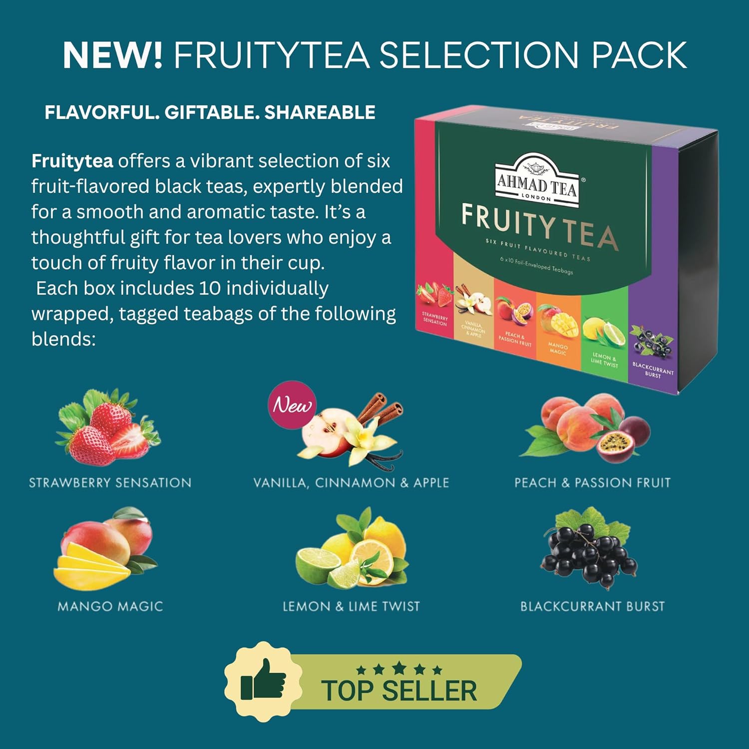 Ahmad Tea Fruity Tea Six Fruit Flavoured Teas - 60 Tea Bags